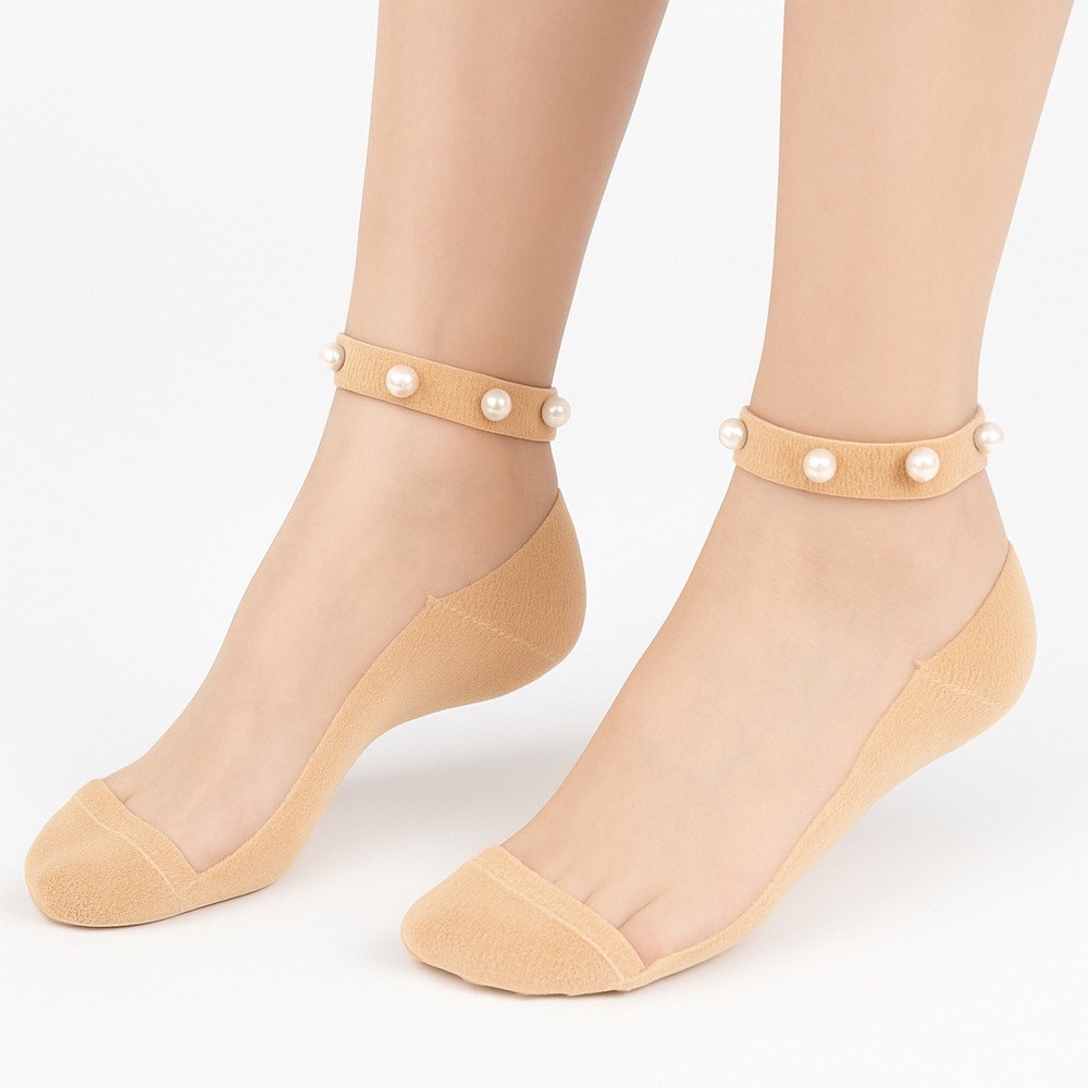 Gold Sheer Pearl Ankle Socks | Mesh Tulle No Show Feminine Fashion OS